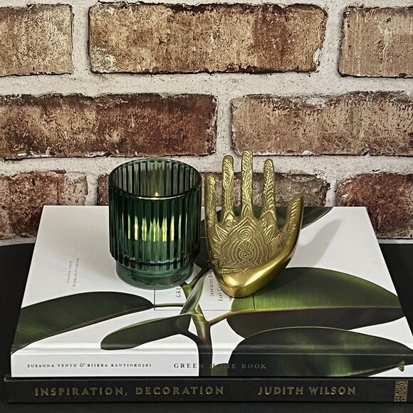 Ribbed Glass Votive Candle Holder Set of 2 Emerald Green Round Home Decor - Picture 4 of 15